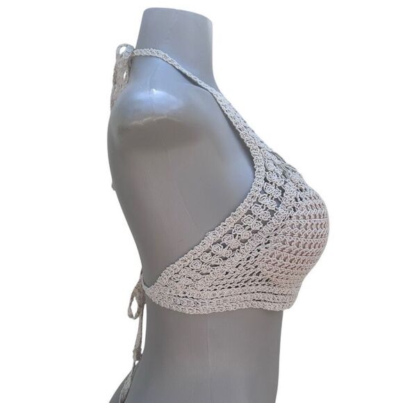 Rebellion Again Crop Top Women's Medium Ecru Crochet Macrame Halter Tie Boho - Picture 5 of 15